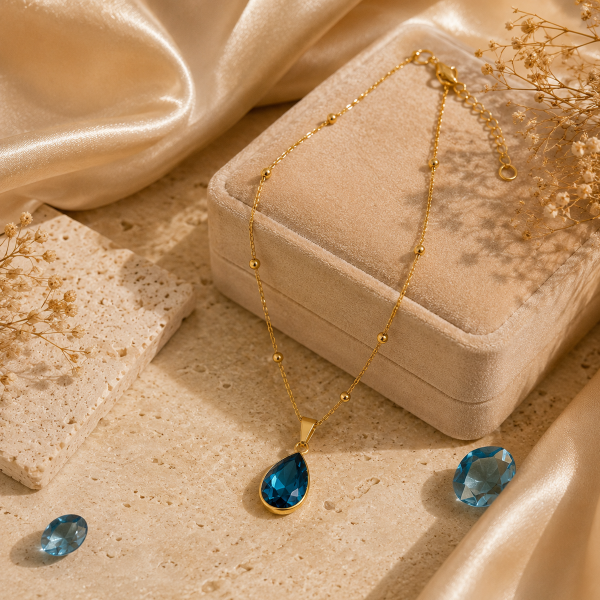 Colar Gota Cristal Azul Turquesa – Aço Inoxidável & Banho a Ouro PVD