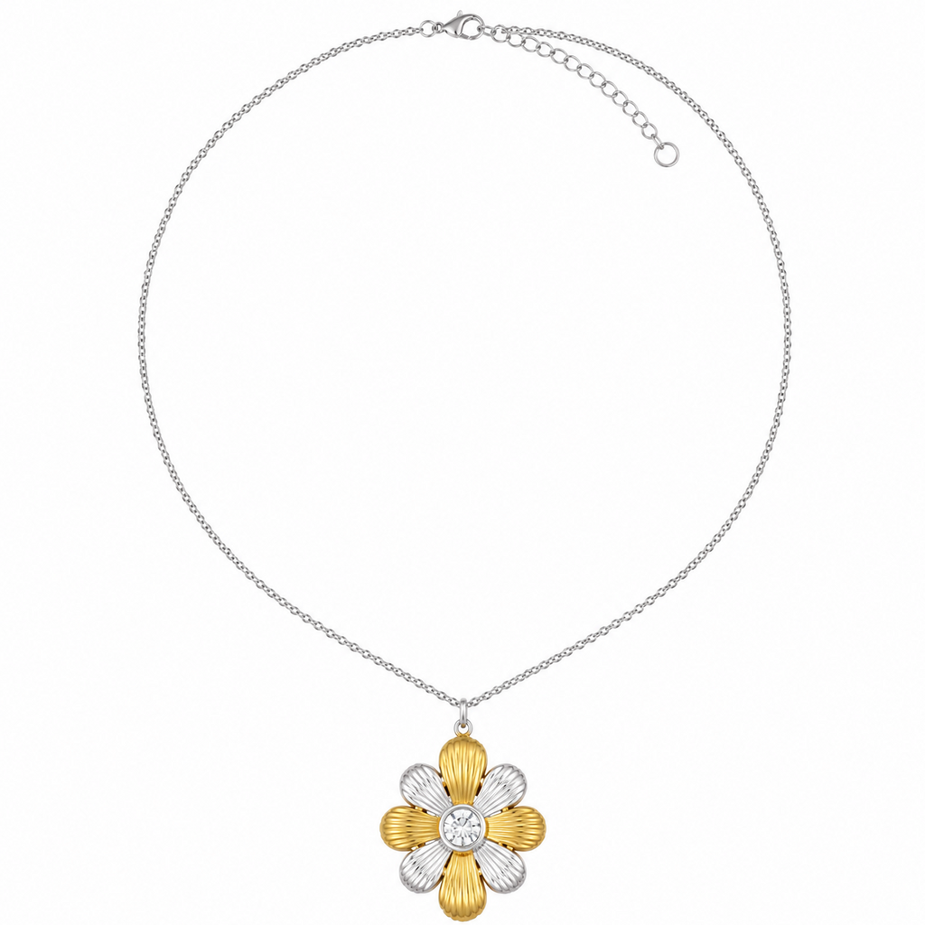 Colar Flor Bicolor Margarida & Zircônia – Aço Inoxidável & Banho a Ouro PVD