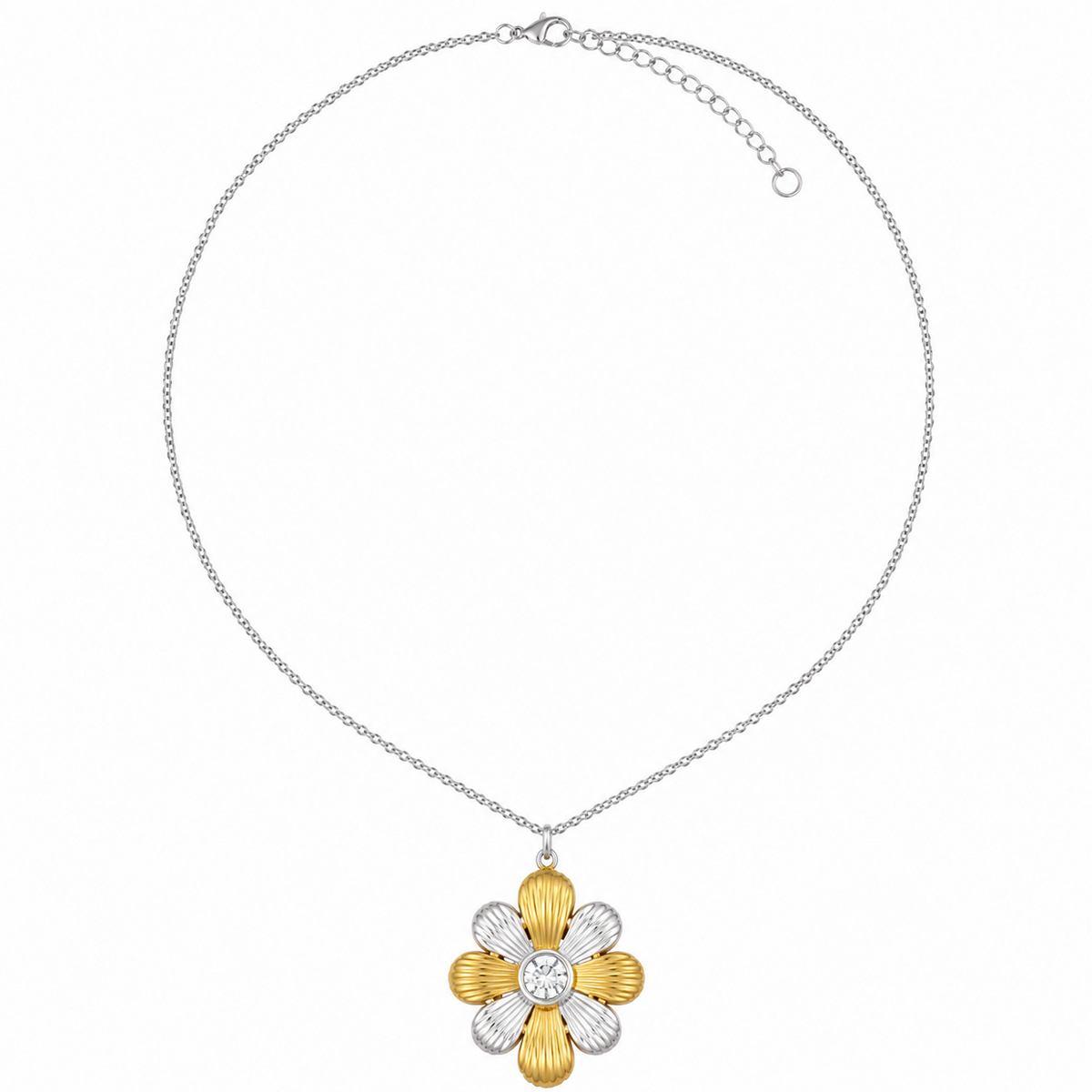 Colar Flor Bicolor Margarida & Zircônia – Aço Inoxidável & Banho a Ouro PVD