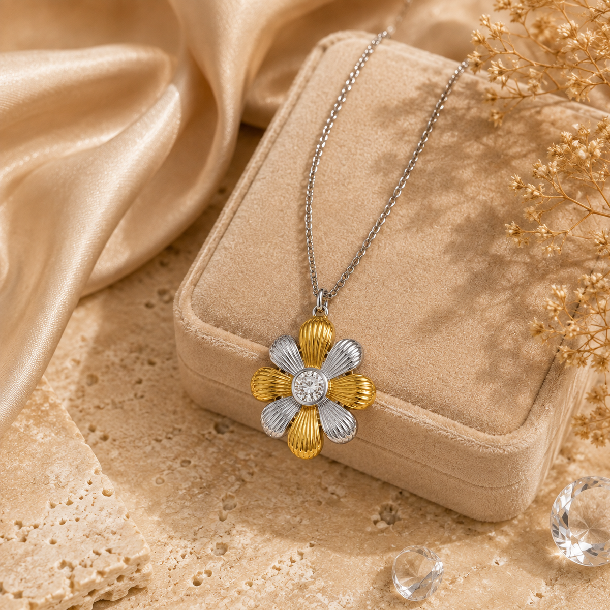 Colar Flor Bicolor Margarida & Zircônia – Aço Inoxidável & Banho a Ouro PVD