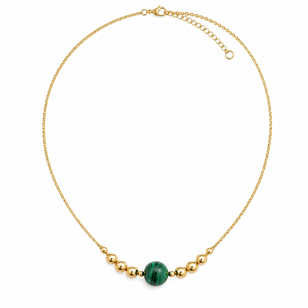 Colar Esfera Malaquita & Esferas Douradas – Aço Inoxidável & Banho a Ouro PVD