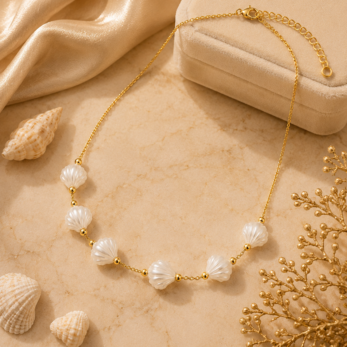 Colar Pérolas Conchas do Mar – Aço Inoxidável & Banho a Ouro PVD