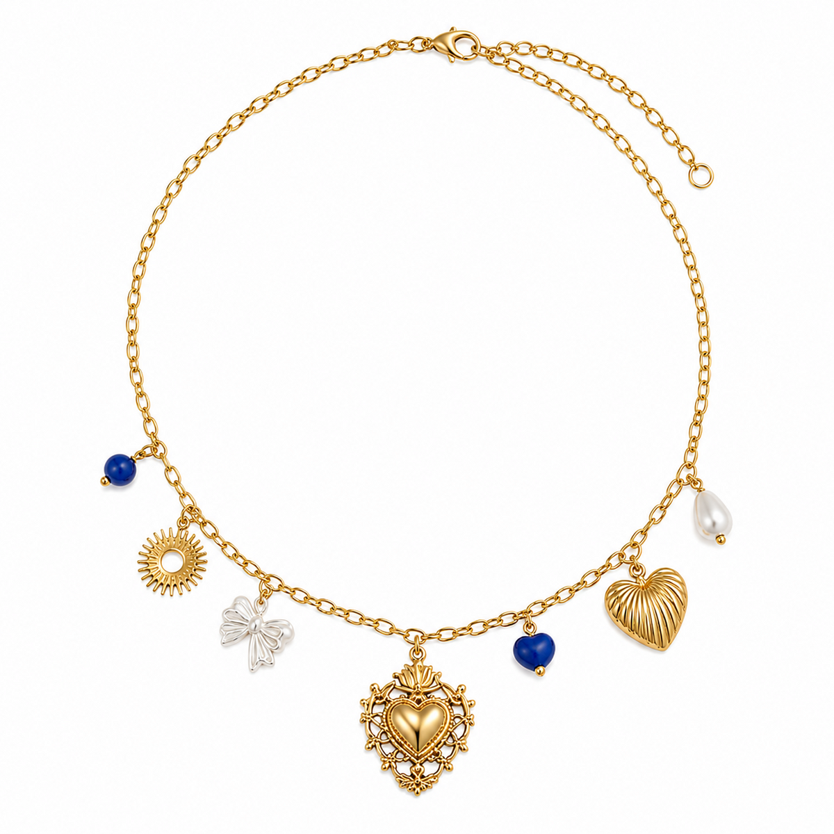 Colar Charms Amuletos & Coração – Aço Inoxidável & Banho a Ouro PVD