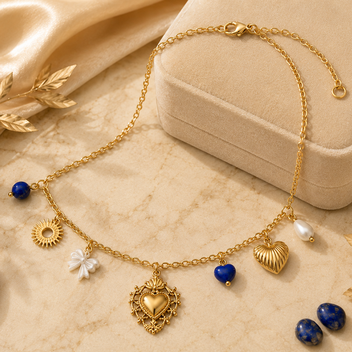 Colar Charms Amuletos & Coração – Aço Inoxidável & Banho a Ouro PVD