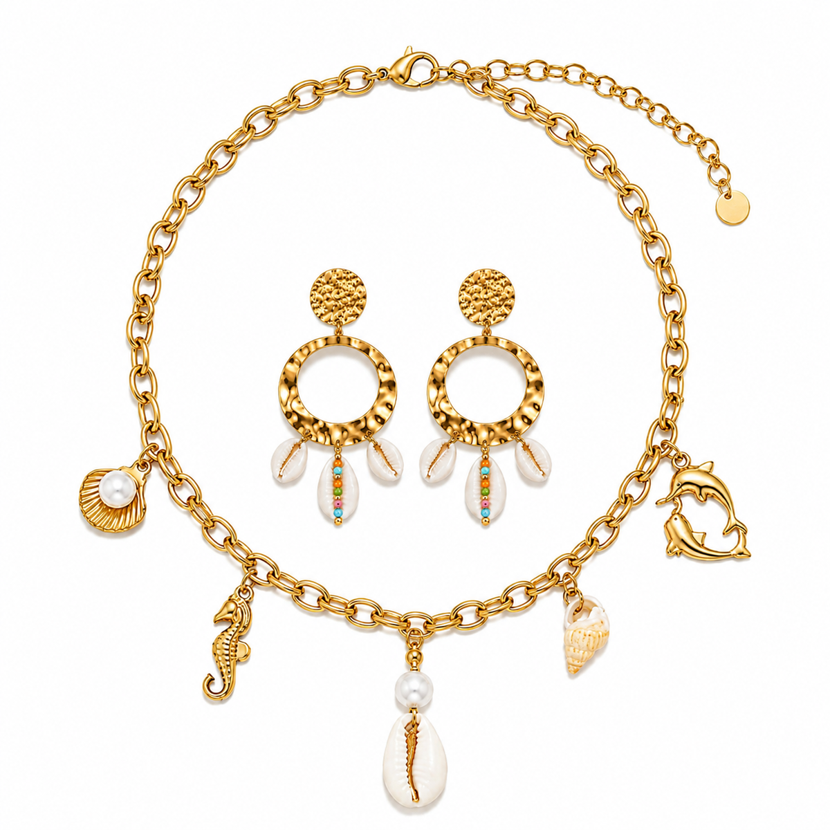 Conjunto Colar Charms Marítimos & Brincos Búzios – Aço Inoxidável & Banho a Ouro PVD