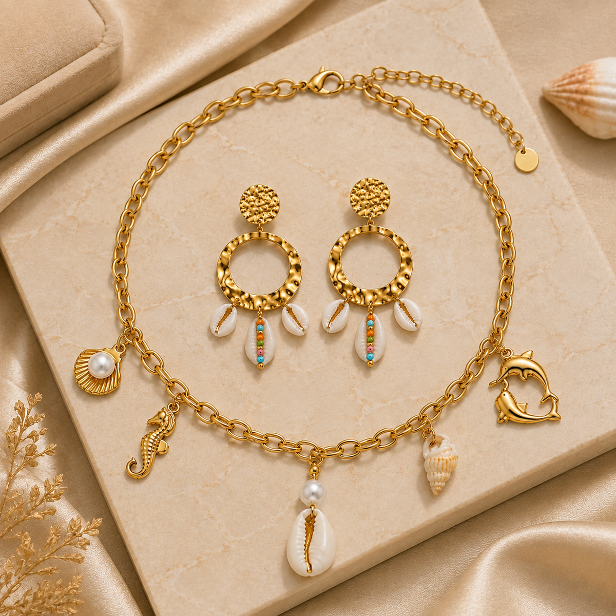 Conjunto Colar Charms Marítimos & Brincos Búzios – Aço Inoxidável & Banho a Ouro PVD