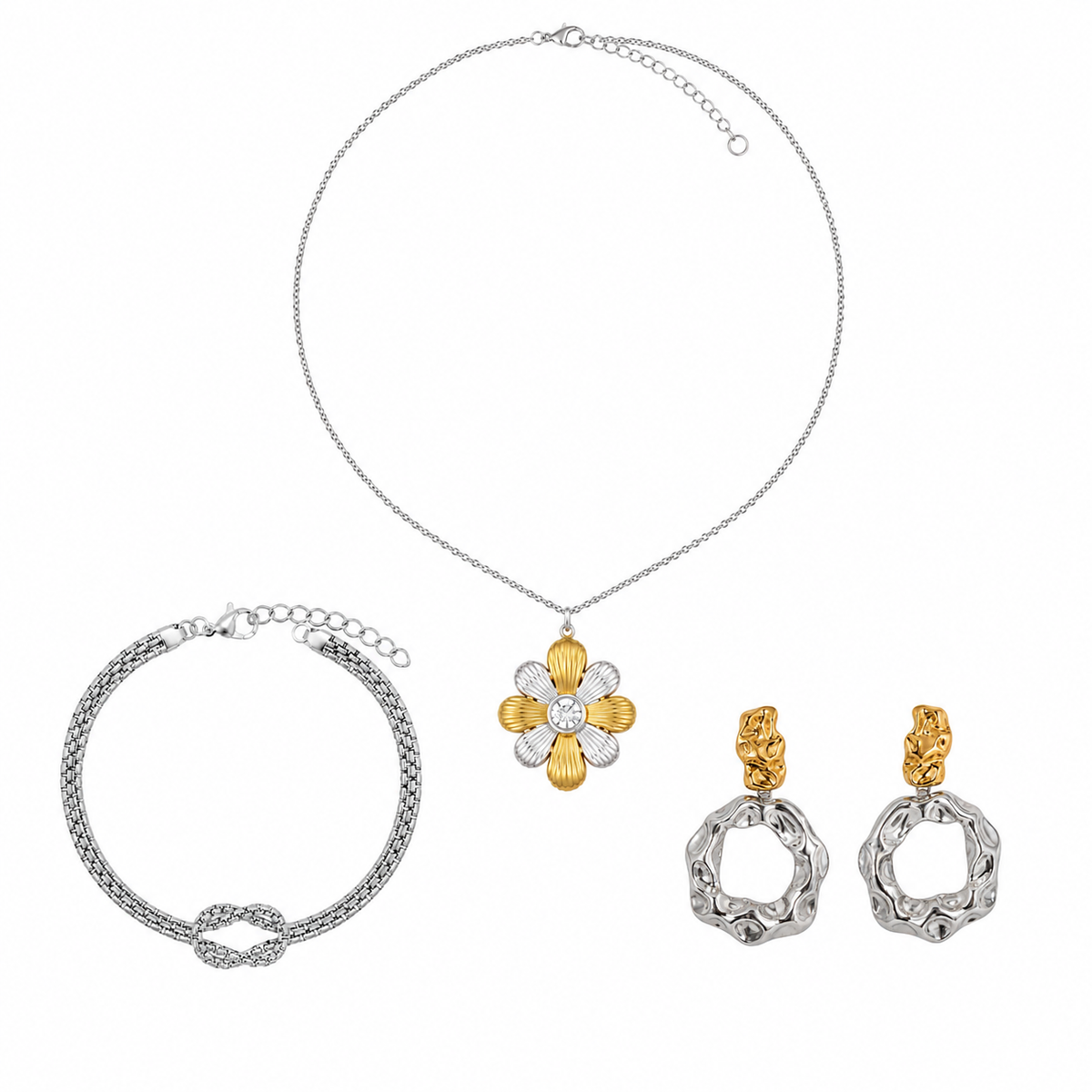 Conjunto Trio Bicolor Margarida & Nó – Aço Inoxidável & Banho a Ouro PVD