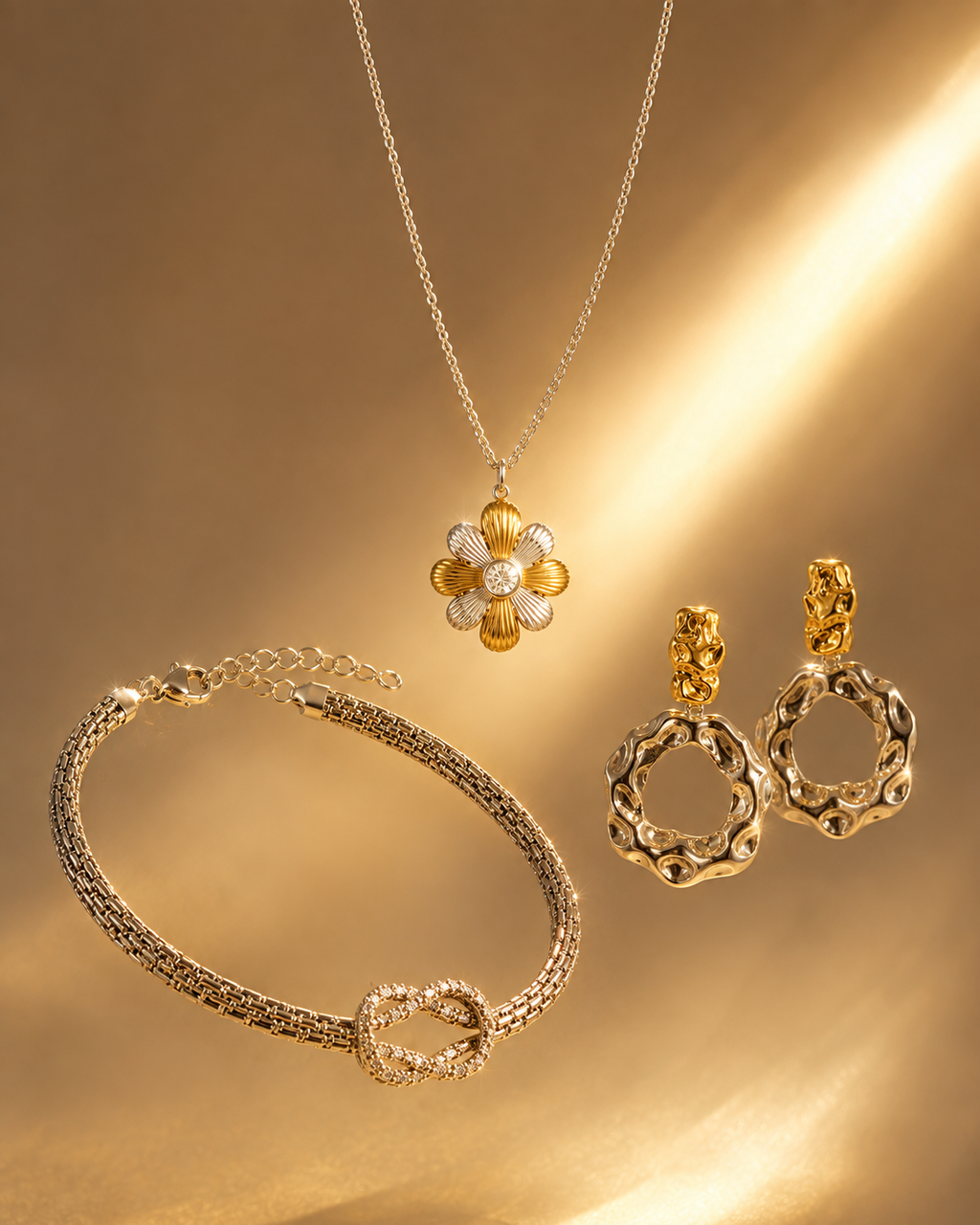 Conjunto Trio Bicolor Margarida & Nó – Aço Inoxidável & Banho a Ouro PVD