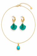 Conjunto Colar Pendente Turquesa & Brincos Concha – Aço Inoxidável & Banho a Ouro PVD