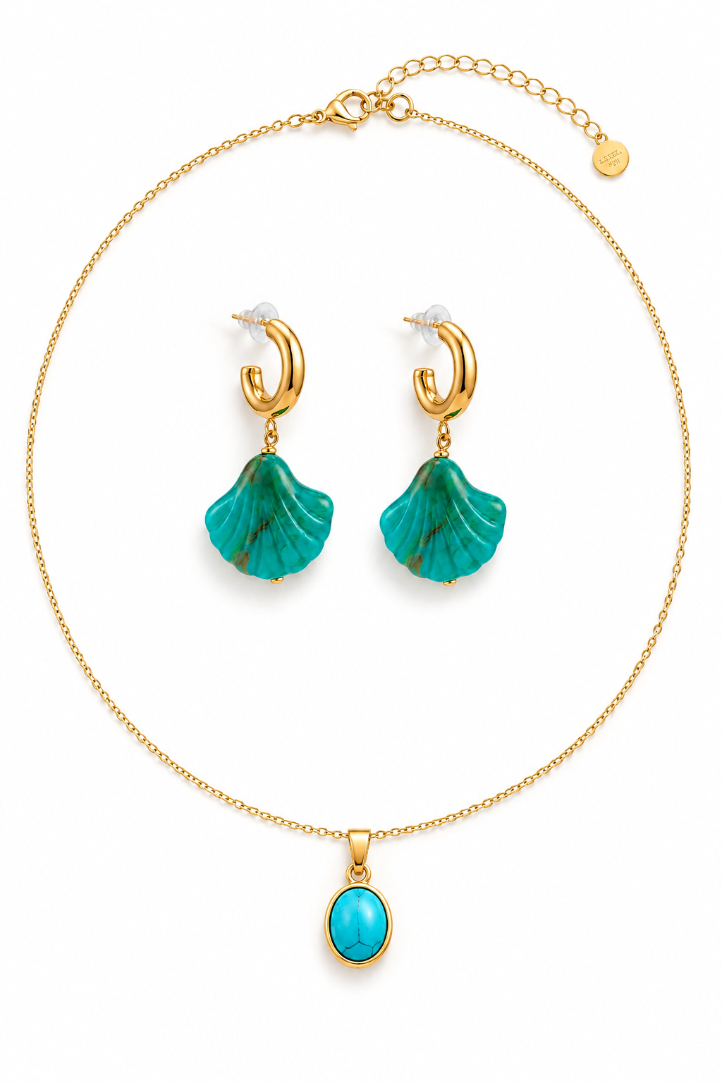 Conjunto Colar Pendente Turquesa & Brincos Concha – Aço Inoxidável & Banho a Ouro PVD