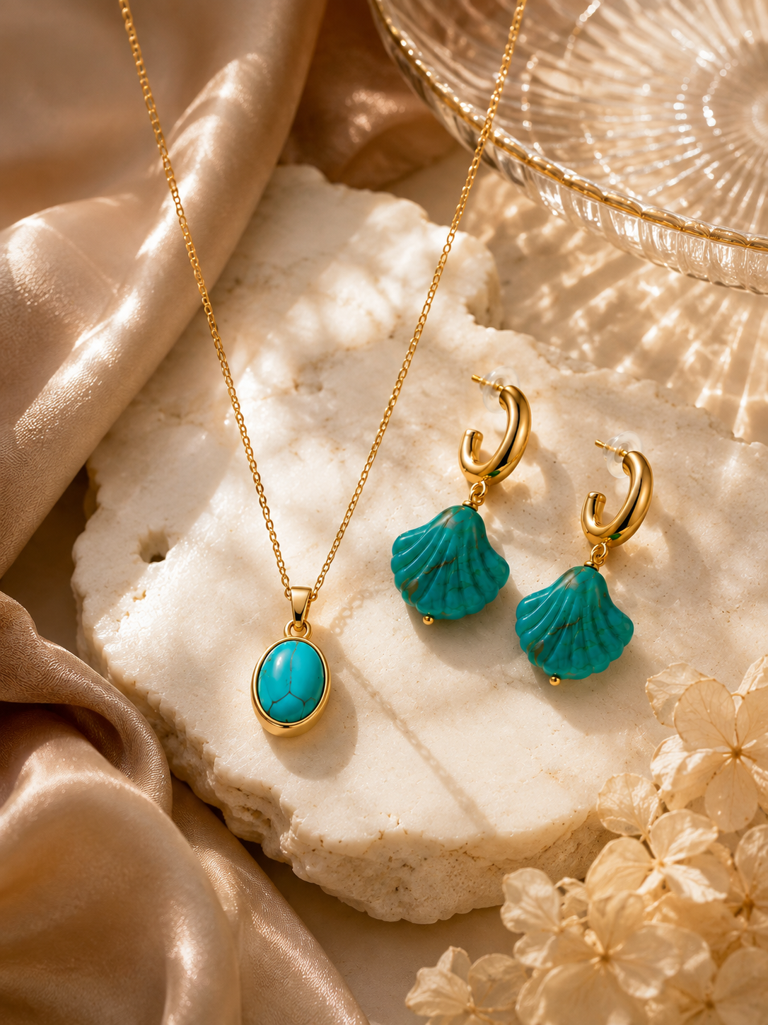 Conjunto Colar Pendente Turquesa & Brincos Concha – Aço Inoxidável & Banho a Ouro PVD