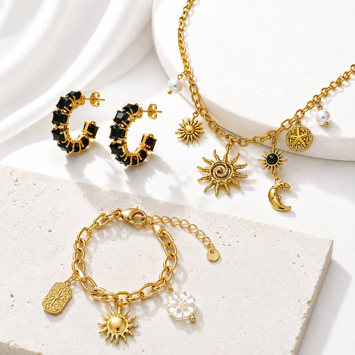 Conjunto Trio Celestial Sol & Lua Zircônias Pretas – Aço Inoxidável & Banho a Ouro PVD