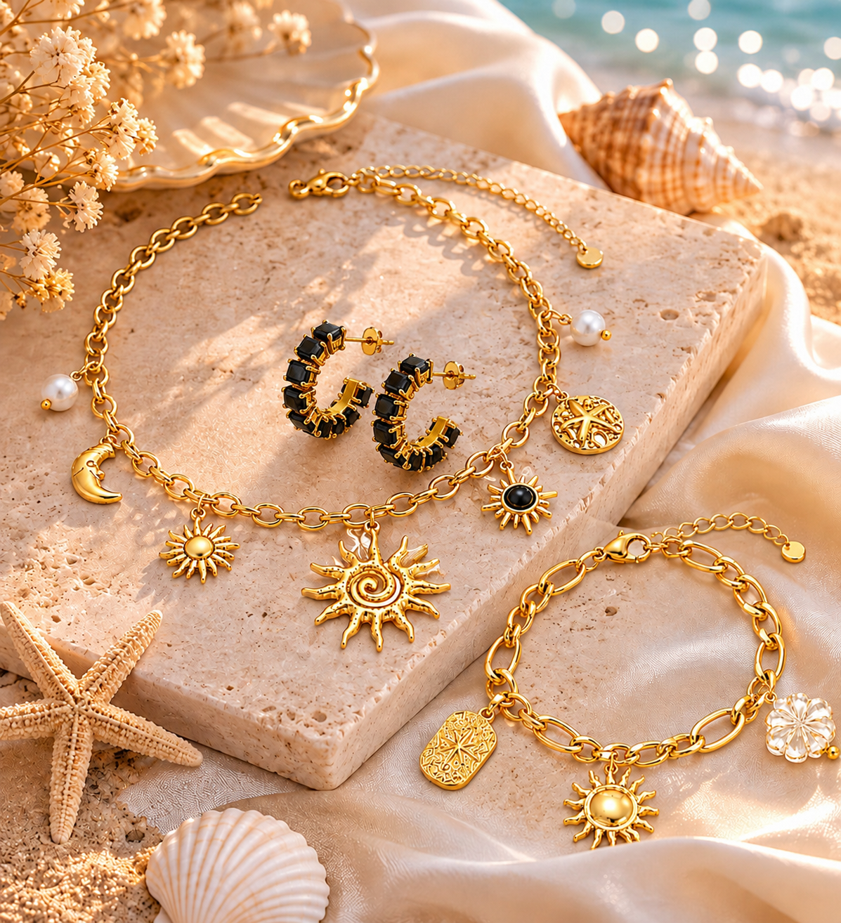 Conjunto Trio Celestial Sol & Lua Zircônias Pretas – Aço Inoxidável & Banho a Ouro PVD