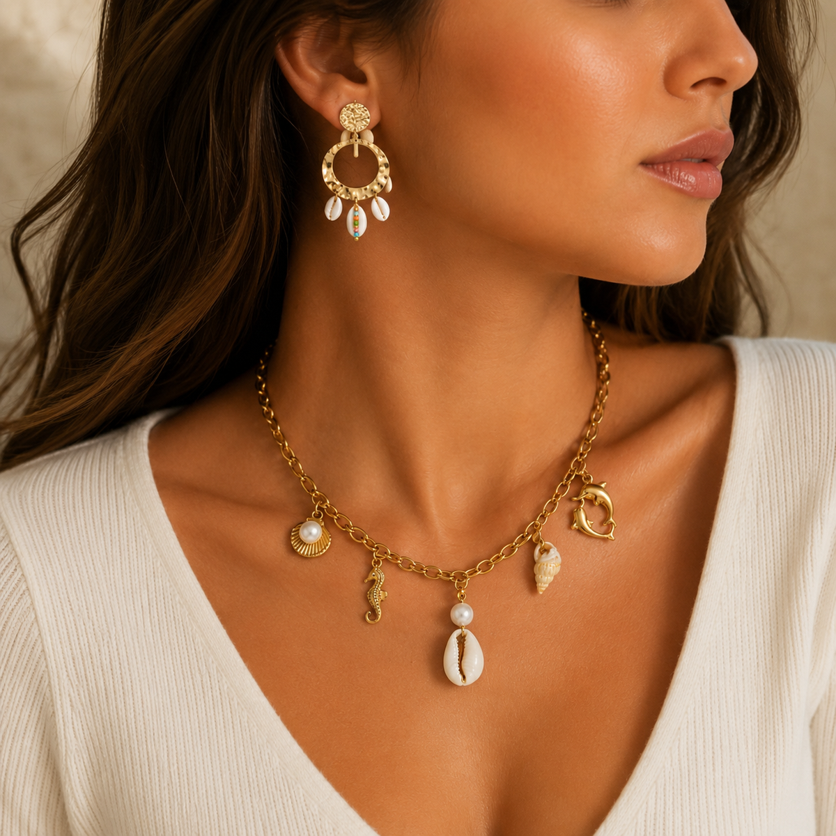 Conjunto Colar Charms Marítimos & Brincos Búzios – Aço Inoxidável & Banho a Ouro PVD