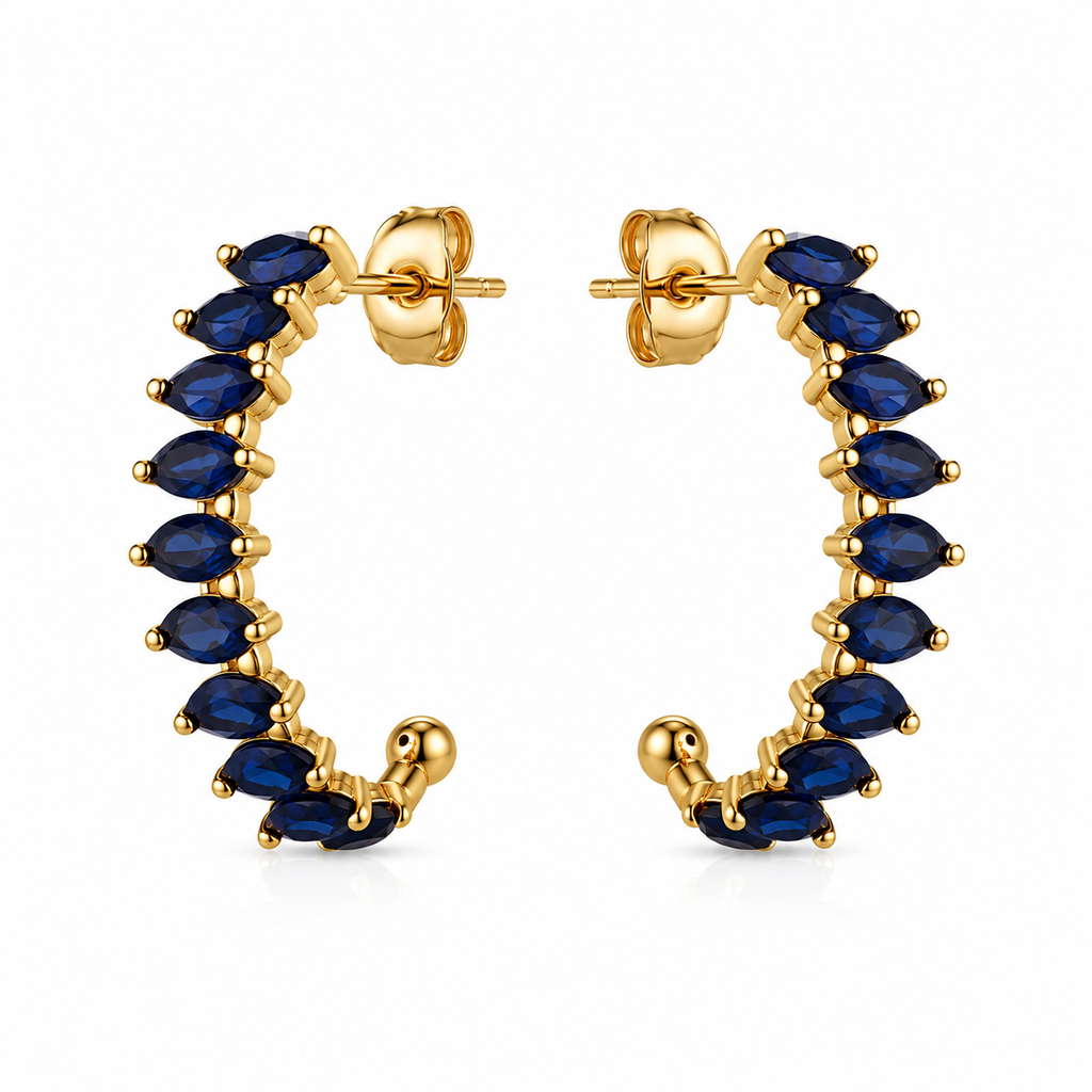 Brincos Meia-Argola Zircónias Azuis Marquise – Aço Inoxidável & Banho a Ouro PVD