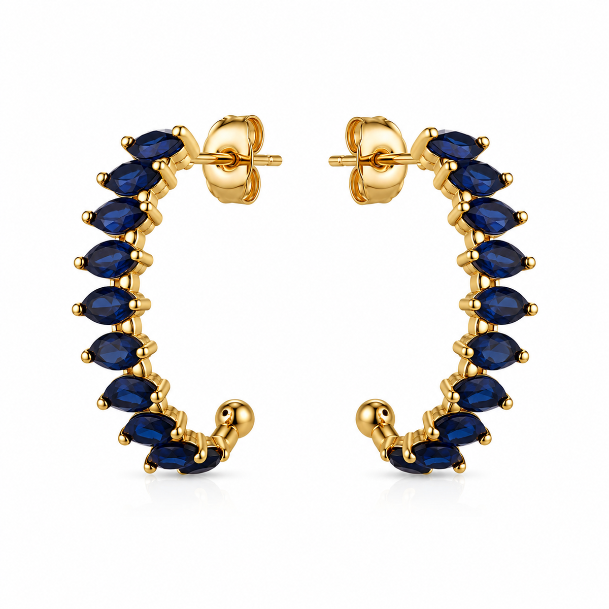 Brincos Meia-Argola Zircónias Azuis Marquise – Aço Inoxidável & Banho a Ouro PVD